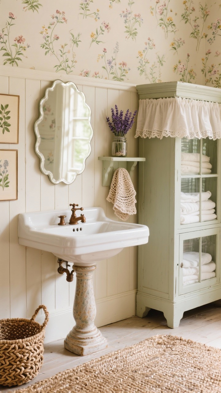 Closeup vignette of Vintage Cottage Charm: beadboard walls in creamy off-white with floral wallpaper above (tiny wildflowers/soft toile); console sink with ceramic legs and oil-rubbed bronze taps; scalloped-edge mirror partially in frame; painted freestanding cabinet with glass fronts showing neatly folded linens; ruffled linen café curtain edge, crocheted hand towels, braided jute rug texture; vintage botanical prints and a jar of lavender on a small shelf; warm, cozy daylight, soft focus.