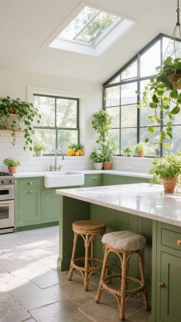 10 Open Kitchen Designs to Welcome the Morning Sun Like Never Before Góc chụp toàn cảnh, căn bếp kiểu nhà kính vào buổi sáng: cửa sổ khung thép kéo dài từ sàn đến trần và giếng trời trên trần nhà tràn ngập ánh sáng. Tủ bếp màu xanh rêu, bồn rửa kiểu nông trại đặt chính giữa dưới cửa sổ lớn nhất. Đảo bếp ốp gạch men trắng bóng lấp lánh nhẹ nhàng, sàn sứ vân đá nhạt màu. Ghế đẩu lưng mây với mặt ngồi bọc vải lanh tự nhiên. Cây xanh tươi tốt—cây trầu bà rủ xuống, cây họ cam quýt trồng trong chậu, cây cỏ ven cửa sổ—thêm chút tươi mát. Rực rỡ, thoáng đãng, chân thực như ảnh chụp.