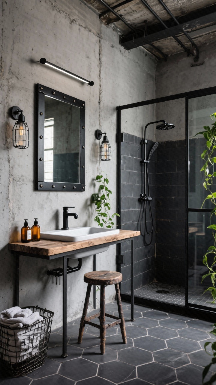 Corner angle wide shot of an Urban Industrial Loft bathroom: matte concrete-look walls; black metal vanity with reclaimed wood shelf; rectangular trough sink with wall-mounted black faucets; warehouse mirror with riveted corners; black-framed steel-and-glass shower partition with exposed thermostatic valve and overhead rain head; hex charcoal floor tiles with light grout; caged sconces and linear track lighting with adjustable heads; wire baskets, amber soap bottles, vintage stool with folded towels; trailing pothos softening the scene; gritty, cool ambience.