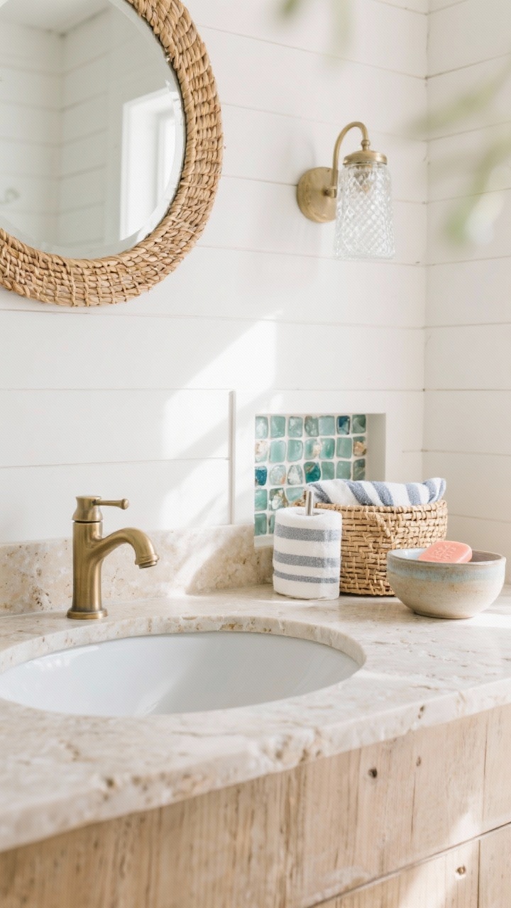 Detail closeup of Coastal Organic Calm textures: white shiplap backdrop, bleached-wood vanity edge meeting a rounded-edge stone countertop; brushed nickel or champagne bronze faucet catching warm natural light; sea-glass mosaic niche tile sample and matte beige floor tiles resembling wet sand in frame; round rattan mirror edge and clear seeded-glass sconce visible bokeh; striped Turkish towels folded, woven lidded basket for TP nearby, ceramic bowl with coral-colored soap; breezy, beachy mood, bright daylight.