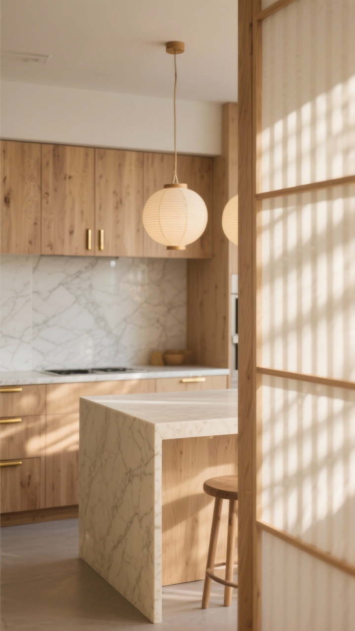 10 Open Kitchen Designs to Welcome the Morning Sun Like Never Before Cận cảnh chi tiết ánh sáng ban mai xuyên qua những thanh gỗ: các yếu tố nhà bếp Nhật Bản trong khung – mặt tủ gỗ sồi sáng màu với bề mặt phẳng, phụ kiện lan can bằng đồng thau đánh bóng mỏng, tấm ốp tường bằng sứ khổ lớn với những đường vân tinh tế. Phía sau mờ ảo, một đảo bếp thạch anh màu kem thẳng đứng với những chiếc ghế đẩu được xếp gọn gàng bên dưới và ánh sáng dịu nhẹ của những chiếc đèn lồng giấy. Những bóng đổ nhẹ nhàng di chuyển trên các thanh gỗ, thanh thoát, tối giản, chân thực như ảnh chụp.