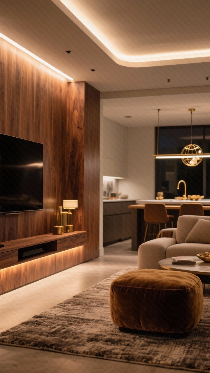 Detail closeup of layered lighting in the living zone at evening: soft perimeter LED cove glow (2700–3000K) washing a walnut media wall with hidden under-shelf LEDs; a velvet ottoman and textured rug absorbing glare; in the soft background, a linear pendant over the island and a globe cluster over dining slightly out of focus; brass accents catching warm light; emphasis on layered ambient, task, and accent lighting with dimmable warmth; photorealistic.