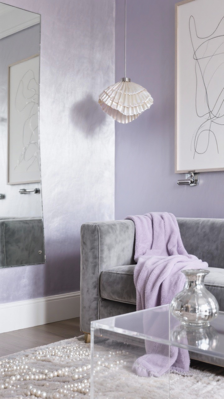 Cận cảnh chi tiết: Bức tường màu oải hương bạc làm nền với tông màu lạnh, mượt mà; góc tường nổi bật với tay ghế nhung xám, mép bàn cà phê bằng nhựa trong suốt như biến mất, họa tiết thảm màu ngọc trai. Điểm nhấn gương màu khói phản chiếu ánh sáng dịu nhẹ. Điểm nhấn: vật thủy tinh thủy ngân, tấm chăn màu tử đinh hương mềm mại phủ nhẹ, một phần tranh vẽ đường nét trừu tượng trong khung. Phần cứng bằng niken đánh bóng sáng bóng. Ánh sáng lung linh nhẹ nhàng từ mặt dây chuyền vỏ sò capiz phía trên, chân thực như ảnh chụp.