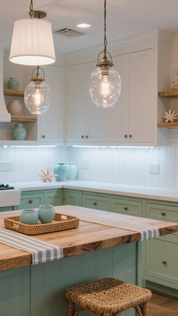 Cận cảnh chi tiết, hơi nghiêng, tập trung vào vật liệu và ánh sáng của ngôi nhà ven biển: tủ bếp dưới màu xanh lá cây xô thơm/thủy tinh biển mềm mại kết hợp với tủ trên màu trắng tinh, tấm ốp tường ốp hạt cườm trắng phản chiếu ánh sáng, cạnh đảo bếp bằng gỗ thịt với ghế đẩu đan bằng cỏ biển ở phía trước. Hai đèn lồng thủy tinh trong suốt với đèn LED dạng sợi đốt lấp lánh phía trên; dải đèn LED 3000K dưới tủ chiếu sáng quầy bếp. Những chiếc đèn nhỏ làm nổi bật đồ gốm và điểm nhấn san hô trên kệ mở; một chút hình ảnh chiếc trống trắng lắp âm trần nhà. Được tạo kiểu với viền chạy sọc, khay mây và đồ gốm màu xanh nhạt. Ánh sáng ban đêm rực rỡ nhưng ấm cúng, chân thực như ảnh chụp.