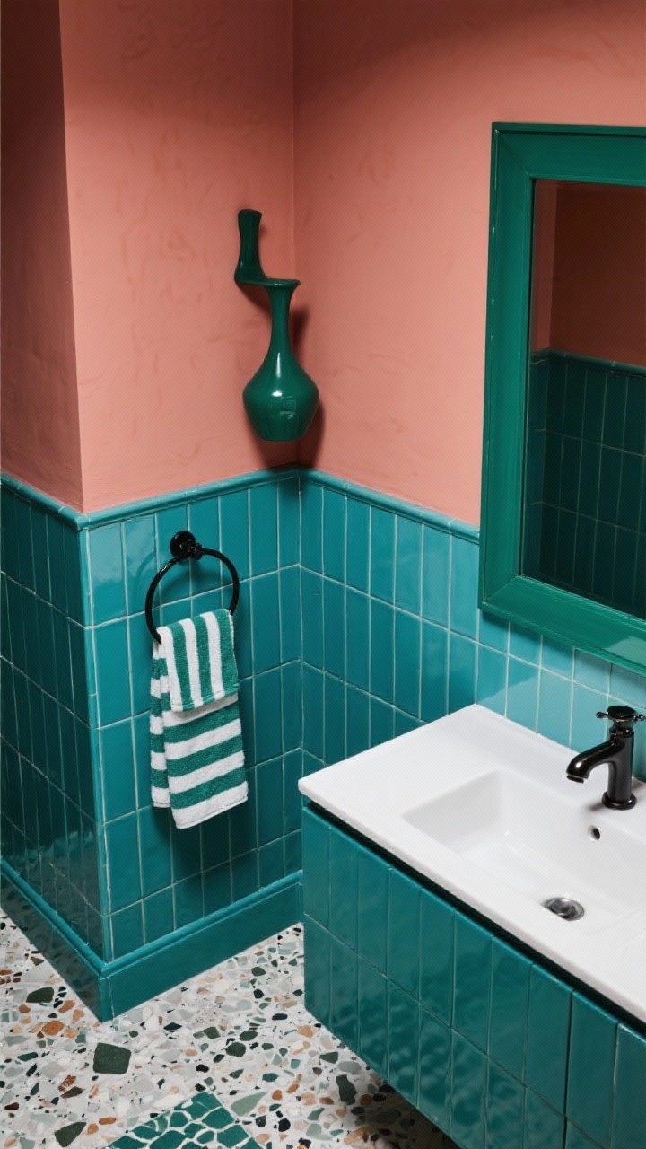 Detail overhead shot of Color-Drenched Monochrome styling: deep forest green (or powdery blue/terracotta rose) saturating walls, trim, and vanity in lacquered/satin finish; tone-on-tone vertical stacked ceramic tile in matching hue but different sheen; polished nickel or matte black fixture detail; color-matched mirror frame edge; floor sample of terrazzo or checker with flecks of the main color; striped towels in coordinating shade; sculptural wall hooks; a single contrasting vase as a pop; editorial, bold, even lighting showing sheen variations.