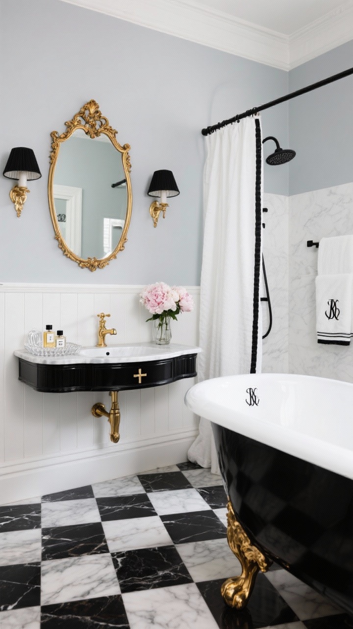 Medium corner shot of a Parisian black-and-white glam bathroom: checkerboard marble floor, crisp white wainscoting with soft dove gray walls above; black exterior clawfoot tub with polished brass feet; console sink in black with marble top and brass cross-handle taps; ornate gold-trimmed mirror with black shade sconces; white linen shower curtain with black grosgrain trim; plush monogrammed towels; crystal tray with perfume bottles, black-and-white photography, and peonies in a small vase; high-contrast, elegant lighting with gentle highlights, slight angle.