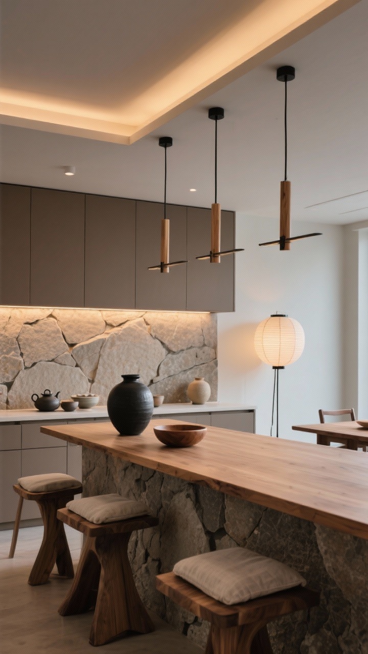 Góc nhìn trung bình, thấp của đảo bếp phong cách Nhật Bản và phông nền họa tiết: tủ bếp màu nâu nhạt mặt trước phẳng, đảo bếp gỗ sồi thấp dài với ghế đẩu điêu khắc, ốp tường đá họa tiết. Đèn thả trần thanh mảnh bằng gỗ tự nhiên hoặc đen mờ được sắp xếp thẳng hàng trên đảo bếp; họa tiết trang trí trên tường làm nổi bật họa tiết đá. Đèn LED dưới kệ chiếu sáng dịu nhẹ cho đồ gốm và bộ ấm trà. Đèn âm trần với công nghệ làm mờ ấm áp được thiết lập ở nhiệt độ màu 2200K vào buổi tối. Phía sau, một chiếc đèn sàn hình lồng đèn giấy gần khu vực ăn uống tỏa sáng dịu nhẹ. Trang trí tối giản: đệm ghế vải lanh, bình đất sét đen, bát gỗ nông. Yên tĩnh, thanh bình, chân thực như ảnh chụp.