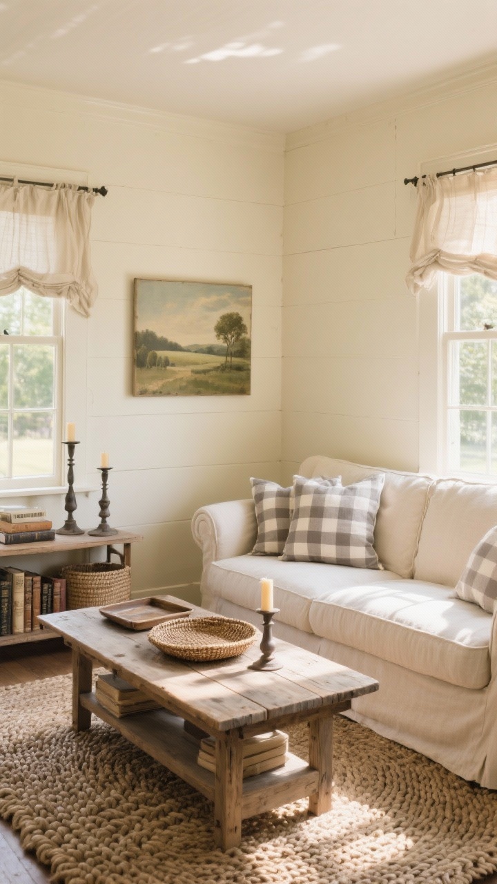 Medium shot farmhouse nook: Butter cream walls glowing like sunlit morning. Roll-arm loveseat in natural cotton with gingham pillows in warm gray, distressed pine coffee table, braided wool rug. Accents: woven trays, vintage books, iron candlesticks. Windows dressed with café curtains or light linen panels for breezy feel. Quiet landscape art with muted, sun-washed tones on wall. Warm natural light, photorealistic, straight-on.