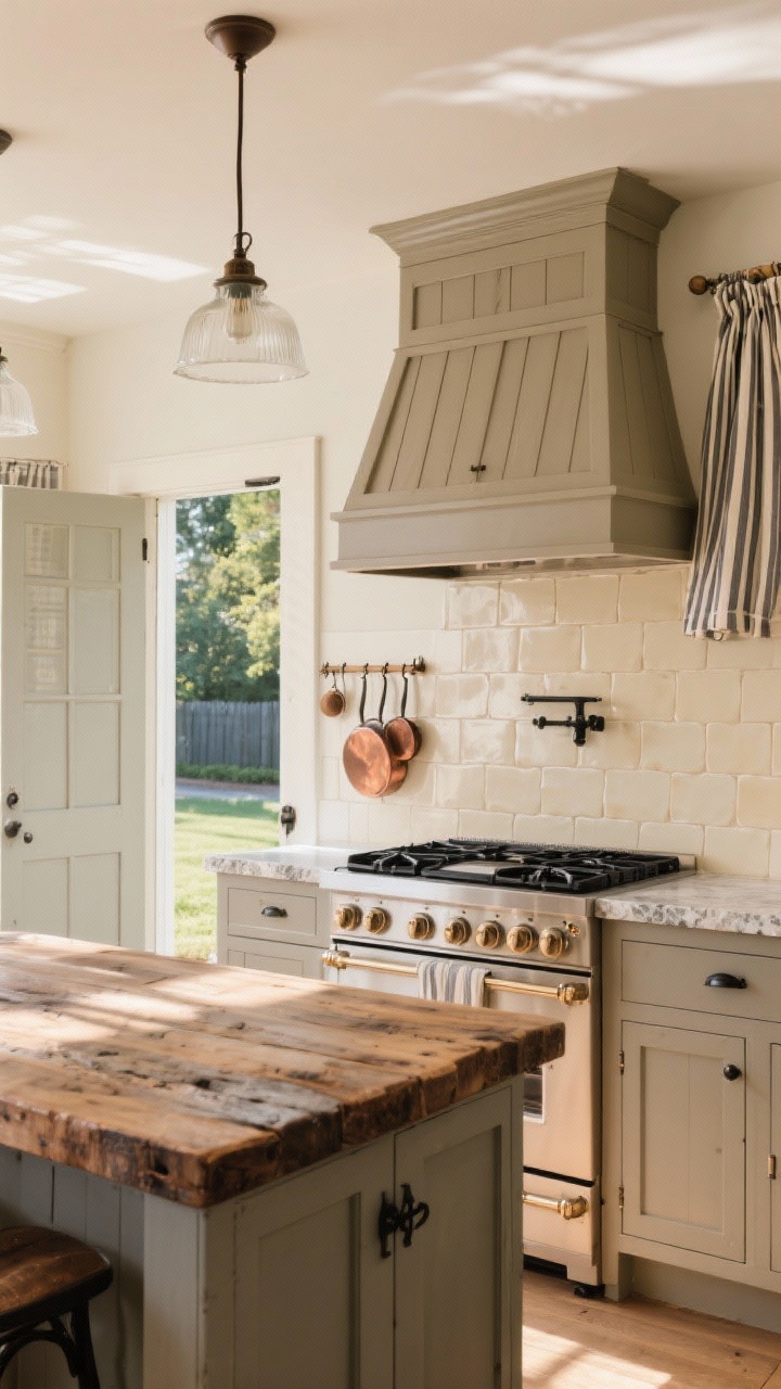 10 Open Kitchen Designs to Welcome the Morning Sun Like Never Before Cảnh quay trung bình tập trung vào cửa kiểu Hà Lan và tường bếp trong một căn bếp nông trại hiện đại ấm cúng: ánh nắng ban mai chiếu qua cửa kiểu Hà Lan nửa mở ra sân sau. Máy hút mùi ốp gỗ đặt chính giữa, tủ bếp kiểu lắc màu xám nhạt ấm áp, mặt bàn đá xà phòng, mặt đảo bếp bằng gỗ tái chế với lớp gỉ đồng cổ điển, phụ kiện sắt đen. Gạch vuông màu kem với các cạnh tự nhiên làm ốp tường, đèn chùm trường học bằng thủy tinh sữa treo phía trên. Thanh treo đồ với chảo đồng và rèm cửa quán cà phê kẻ sọc hoàn thiện không gian ấm cúng, tươi sáng. Siêu thực.