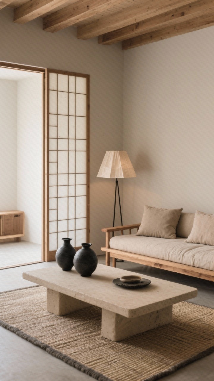 Medium shot from a corner angle of an earthy Japandi hub: low ash wood sofa with linen cushions facing a beige plaster coffee table atop a tatami-inspired rug; a slatted room divider near the entry screens sightlines; paper shade floor lamp casting diffuse, calm light; black stoneware vases grouped on the table; palette of sand, mushroom, charcoal, ash wood; low horizontal lines amplify openness; serene mood, photorealistic.