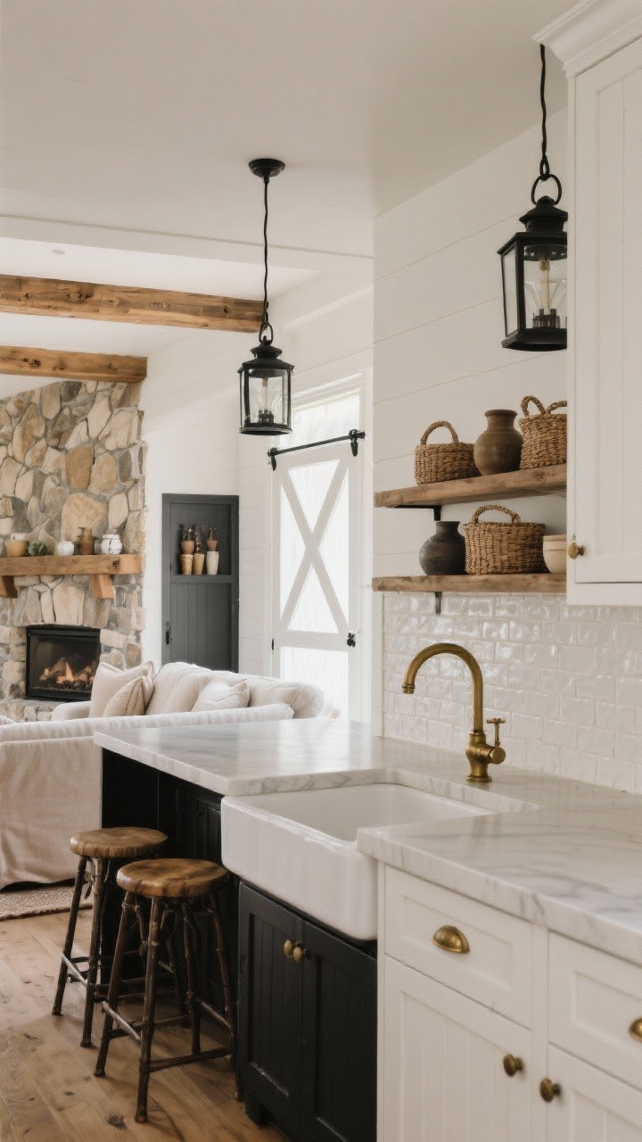 10 Modern Kitchen and Living Room Combination Design Ideas You’ll Love The kitchen blends soft white shaker cabinets with a matte black island, apron front sink, and aged brass faucets.