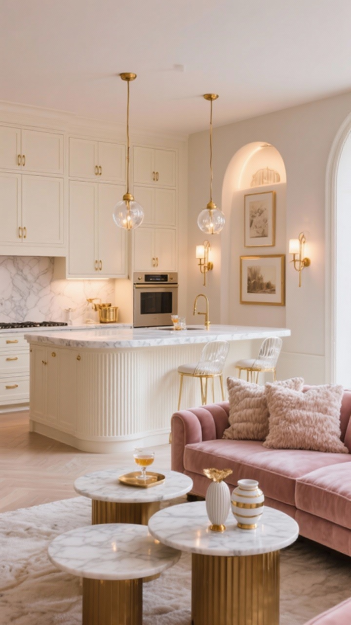 10 Modern Kitchen and Living Room Combination Design Ideas You’ll Love The living room leans plush with a curved velvet sofa, nesting marble tables, and brass picture lights over arched wall niches. It’s cocktail hour ready any day of the week.