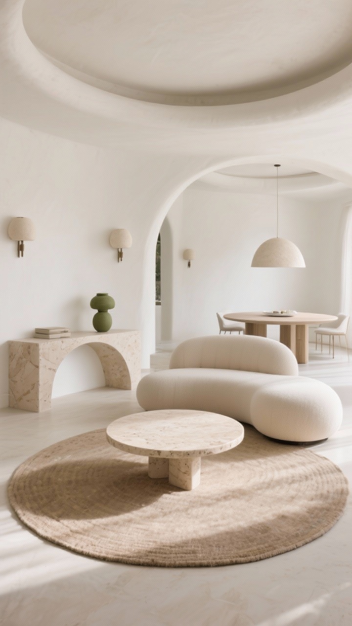 Medium shot highlighting the curves-and-circles plan: a round rug centers the living area with a crescent-shaped sofa hugging its edge; round travertine coffee table floats in the middle; half-moon console behind the sofa; oval dining table in the background softens circulation; dome-shaped plaster sconces on warm white walls; palette warm white, travertine beige, olive accents; gentle natural light emphasizes circular geometry; photorealistic.