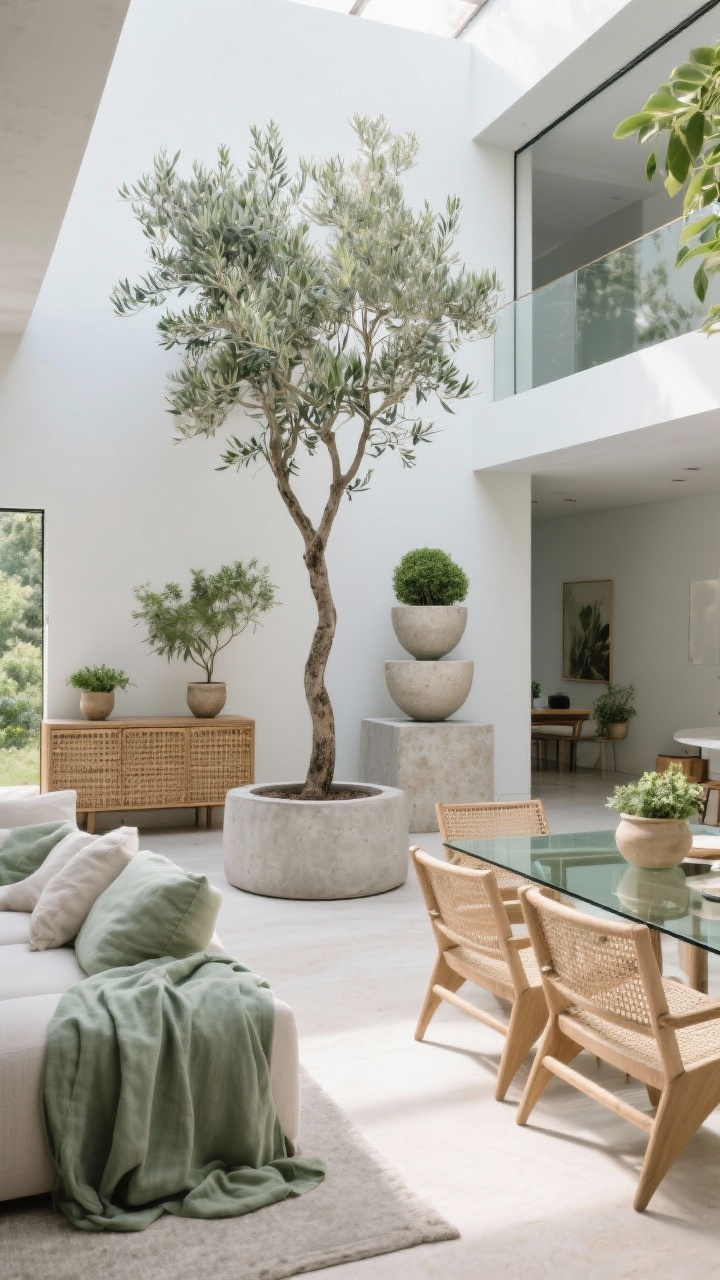 Medium shot of a nature-inside atrium plan: a tall olive tree in a concrete planter marking the edge of the living area; trio of staggered pedestals with sculptural greenery near the dining zone; airy furnishings including a woven cane sideboard, linen sling chairs, and a glass-topped dining table; sage textiles and stoneware planters tie the palette of sage, natural cane, limestone, soft gray; bright indirect daylight, uncluttered, sculptural plants as zoning; photorealistic.