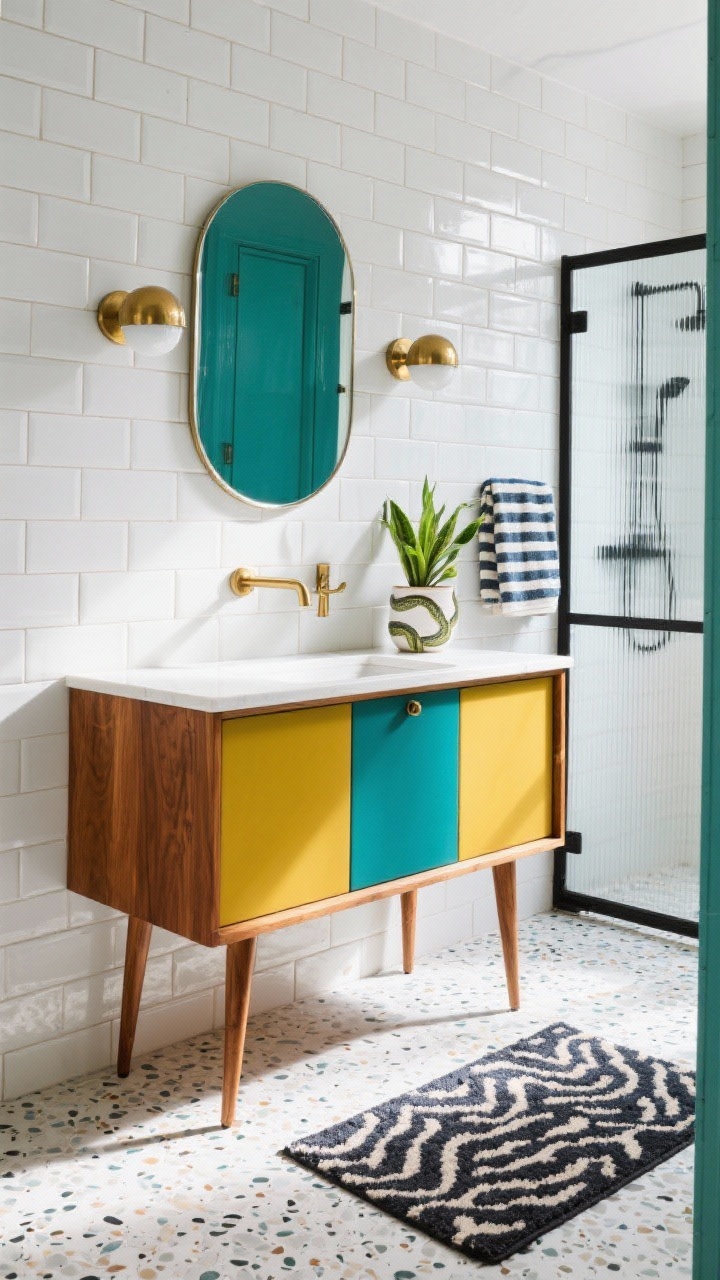 Medium shot of Mid-Century Modern Pop vanity wall: warm teak vanity on tapered legs with thin white counter; rounded-rectangle mirror; brushed brass globe sconces; white stacked subway wall tile; terrazzo or penny tile floor; saturated color hit—mustard or teal on cabinet fronts or a painted door; framed black-grid shower partition visible to the side; accessories: graphic bath mat, striped towels, ceramic planter with snake plant; bright, cheerful lighting, crisp shadows.