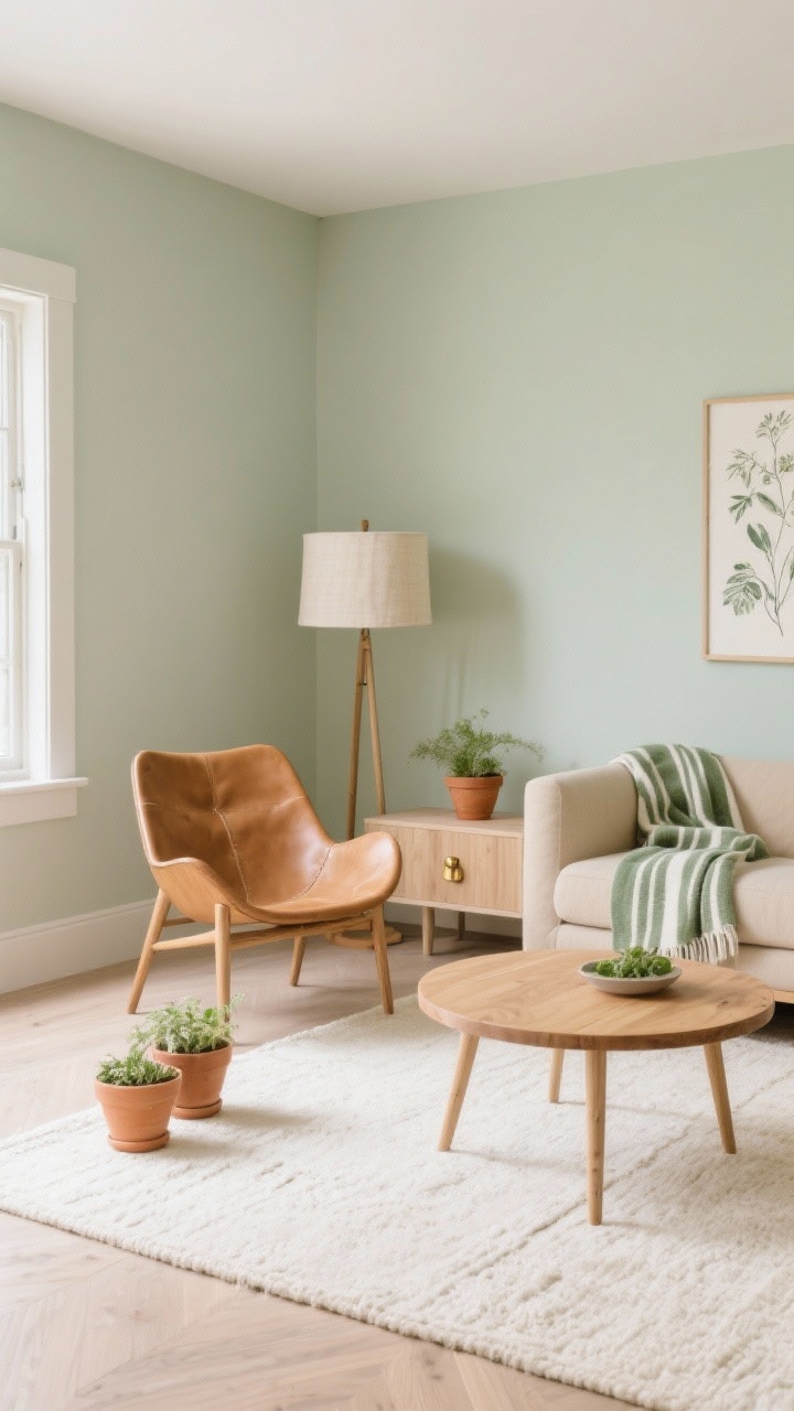 Cảnh trung bình: Tường màu xanh xám nhạt theo chủ đề nghỉ dưỡng tự nhiên, các chi tiết gỗ sáng màu, ghế da lạc đà tạo cảm giác ấm áp, bàn cà phê gỗ sồi tròn, ghế sofa góc màu be chân mỏng để lộ nhiều sàn nhà hơn, thảm dệt phẳng màu kem. Điểm nhấn: chậu đất nung nhỏ với cây xanh tinh tế, chăn kẻ sọc xanh xám, tranh phác họa thực vật. Ánh sáng từ chụp đèn bằng vải lanh tạo nên ánh sáng khuếch tán. Bao gồm bàn console gỗ nhạt với tay nắm bằng đồng thau. Góc nhìn mềm mại, tươi mới, chân thực, trực diện.