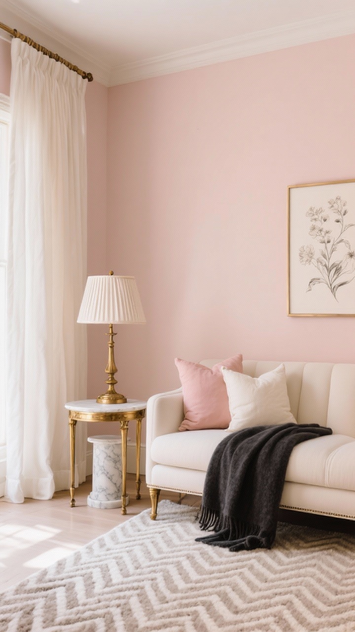 Cảnh trung bình: Tường màu hồng phấn tạo nên ánh sáng ấm áp, dịu nhẹ. Ghế sofa màu kem lưng sát, bàn phụ bằng đồng thau cổ, bệ đá cẩm thạch với đèn nhỏ. Rèm cửa màu ngà xếp lớp và thảm len xương cá. Điểm nhấn: chụp đèn xếp ly, gối màu hồng phấn và ngà voi, tranh phác họa hoa. Kim loại màu đồng thau/vàng sâm panh cổ (mềm mại, không bóng bẩy). Một chiếc khăn trải giường màu than chì tạo điểm nhấn. Ánh sáng ban ngày ấm áp, phong cách cổ điển hiện đại tinh tế, chân thực như ảnh chụp.