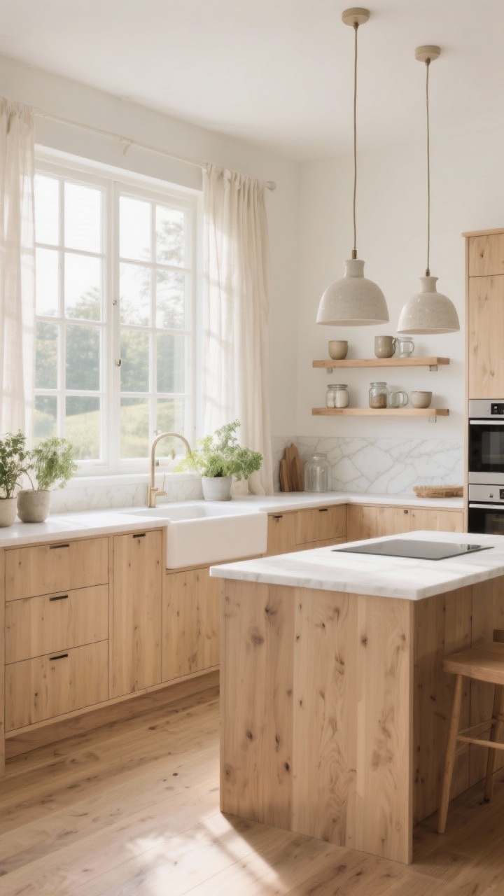 10 Open Kitchen Designs to Welcome the Morning Sun Like Never Before Cảnh quay trung bình, nhà bếp với phòng tắm nắng phong cách Scandinavia ngập tràn ánh sáng ban mai dịu nhẹ: tủ bếp gỗ tần bì vàng hoe có ngăn kéo không tay nắm, thiết bị tích hợp, mặt bàn thạch anh trắng. Một bức tường cửa sổ dạng lưới với những tấm vải lanh mỏng manh khuếch tán ánh sáng mặt trời. Đảo bếp gỗ sồi thanh mảnh với đèn chùm gốm nhạt màu. Sàn gỗ sồi phủ dầu nhẹ, kệ gỗ sồi trắng nổi được trang trí bằng cốc sứ và lọ thủy tinh. Chậu cây thảo mộc xếp dọc bệ cửa sổ tạo nên một bảng màu tự nhiên, yên bình của cát, ngà voi và đá nhạt màu. Không gian tĩnh lặng, thư thái, chân thực như ảnh chụp.