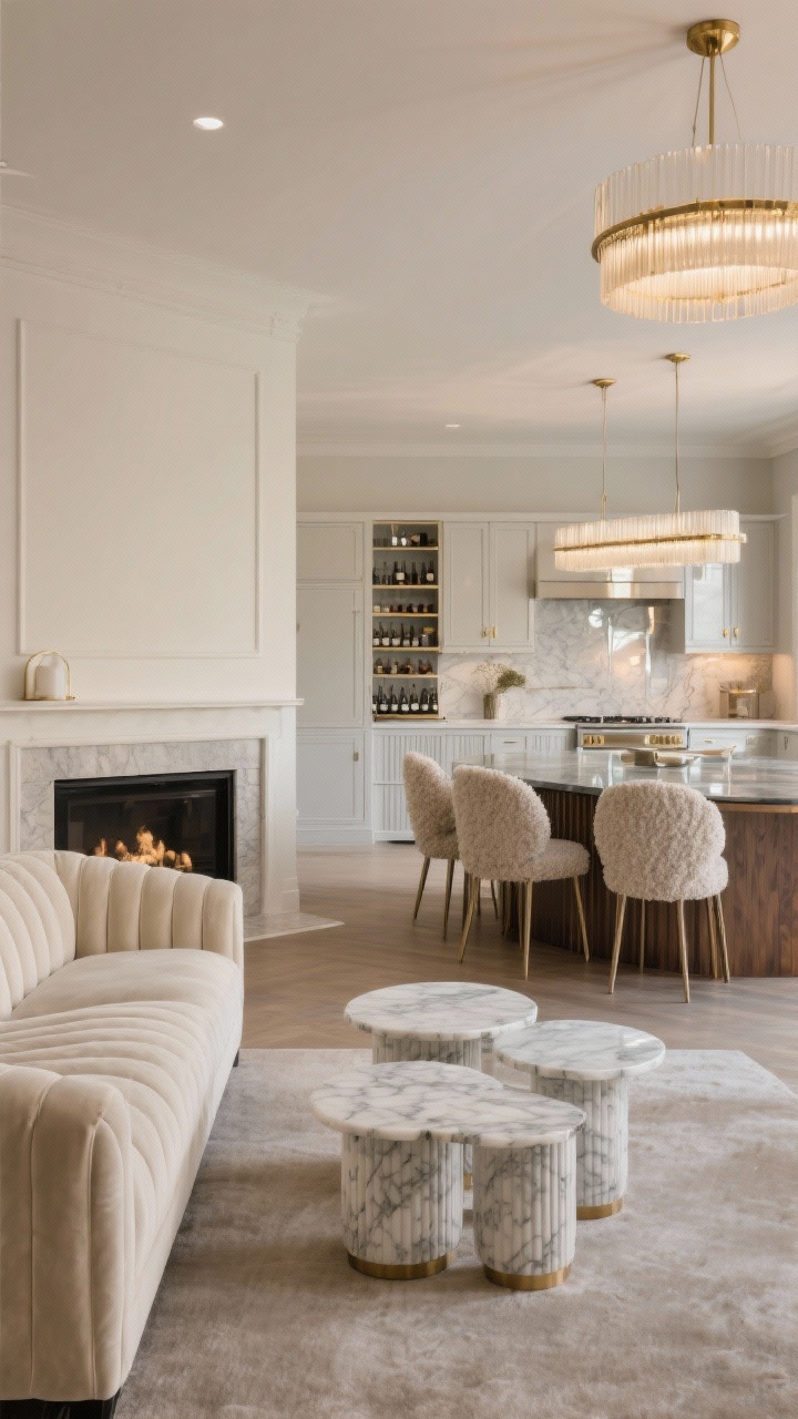 Medium-to-wide luxe neutrals entertainer view: bone-colored velvet sofa facing a ribbed plaster fireplace focal point with marble nesting tables in front; dining area shows a smoked glass table with bouclé chairs under a brushed brass linear chandelier; kitchen island base mirrored with fluted wood paneling and integrated wine storage; palette bone, taupe, smoked gray, brushed brass; refined textures (velvet, bouclé, fluted wood) under warm ambient lighting; photorealistic.