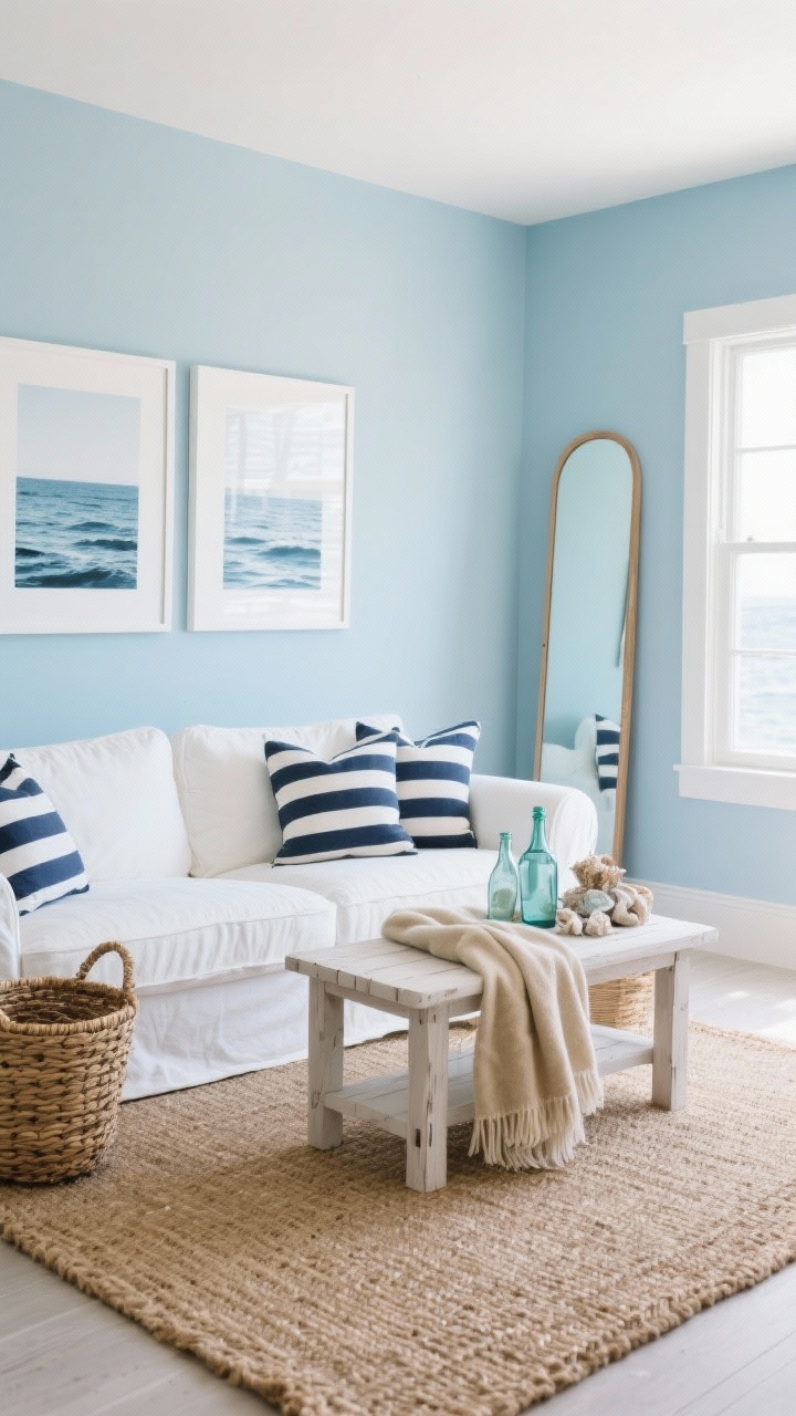 Phòng khách ven biển rộng vừa phải với tường xanh nhạt, ghế bọc vải trắng, thảm đay, bàn phụ gỗ tẩy trắng và vài chiếc gối kẻ sọc xanh navy. Điểm nhấn: giỏ đan, chai thủy tinh biển, khăn trải giường màu cát. Họa tiết đại dương tối giản với thảm trắng rộng rãi trên tường. Gương soi sàn cao, mảnh mai được đặt để phản chiếu tông màu xanh dịu nhẹ. Ánh sáng ban ngày tự nhiên, không khí trong lành, được chụp từ góc nghiêng để tạo chiều sâu, chân thực như ảnh chụp.