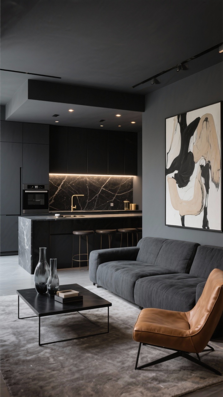10 Modern Kitchen and Living Room Combination Design Ideas You’ll Love Moody Minimalist With Charcoal Drama