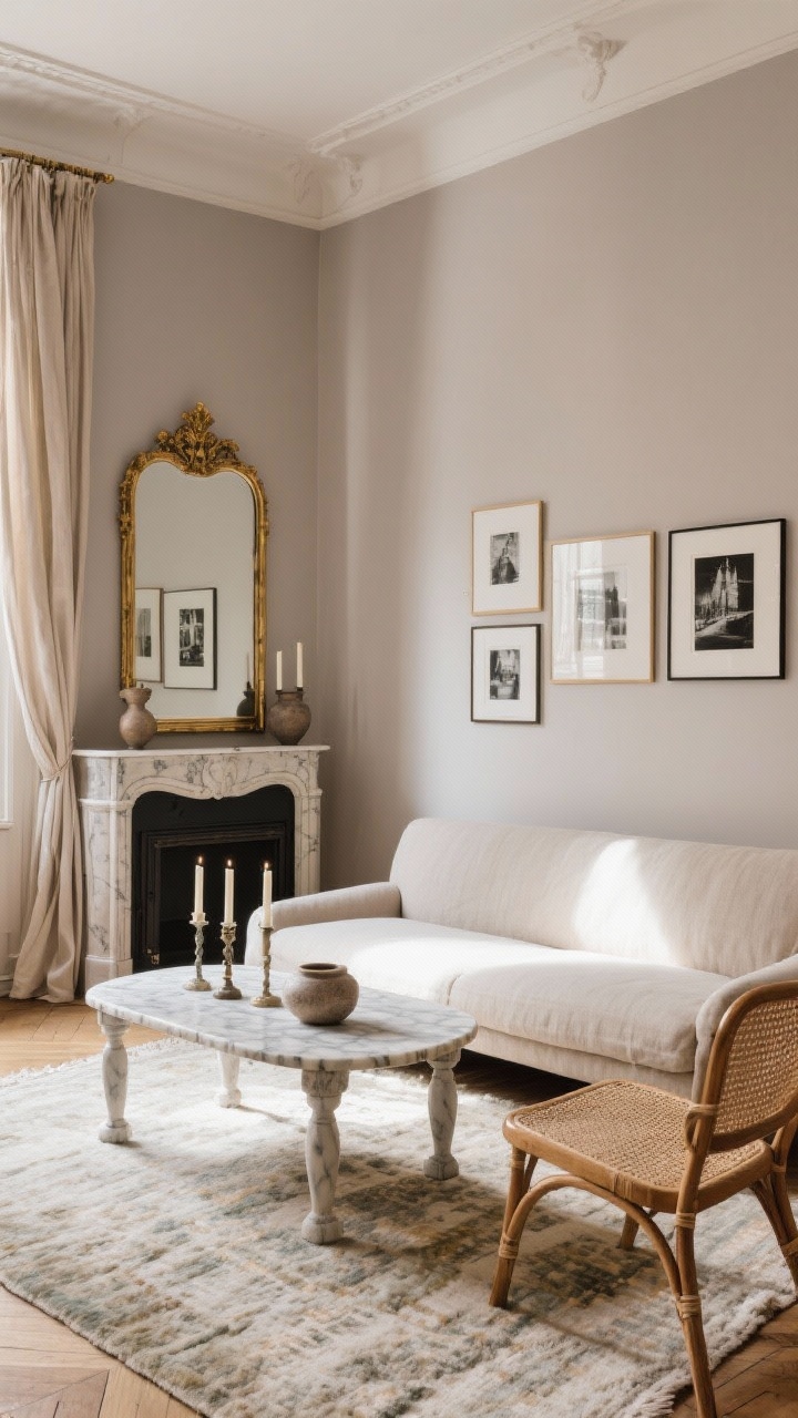 Medium-wide Paris apartment vibe: Pale taupe walls, low-profile sofa in flax linen, vintage-looking rug in faded neutrals, marble bistro table repurposed as coffee table. A gilded mirror over mantel or console to bounce light. Accents: taper candles, textured pottery, layered frames with black-and-white photography. Natural linen drapery with relaxed pleats. Include a bentwood or cane chair as sculptural seating. Soft afternoon light, photorealistic, slight corner angle.