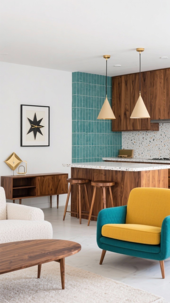 10 Modern Kitchen and Living Room Combination Design Ideas You’ll Love Mid Century Modern with Walnut and Pops of Color