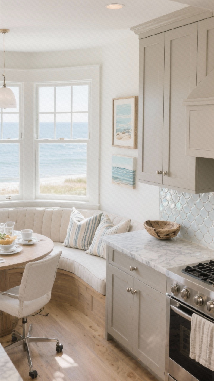 10 Open Kitchen Designs to Welcome the Morning Sun Like Never Before Cảnh quay kết hợp chi tiết từ trên cao tập trung vào khu vực ăn sáng hiện đại ven biển và không gian làm việc liền kề: khu vực ăn sáng cong được bao quanh bởi cửa sổ tràn ngập ánh sáng ban mai lên chiếc ghế dài âm tường bọc vải lanh chống nắng hiệu suất cao với gối sọc. Gần đó là tủ bếp màu nâu nhạt, mặt bàn thạch anh vân gỗ, đảo bếp thác nước bằng gỗ sồi nhạt. Tấm ốp tường ốp gạch vảy cá màu ngọc trai lấp lánh nhẹ nhàng, phụ kiện niken đánh bóng lấp lánh. Bát gỗ trôi dạt và điểm nhấn nghệ thuật ven biển. Thoáng đãng, thanh bình, chân thực như ảnh chụp.