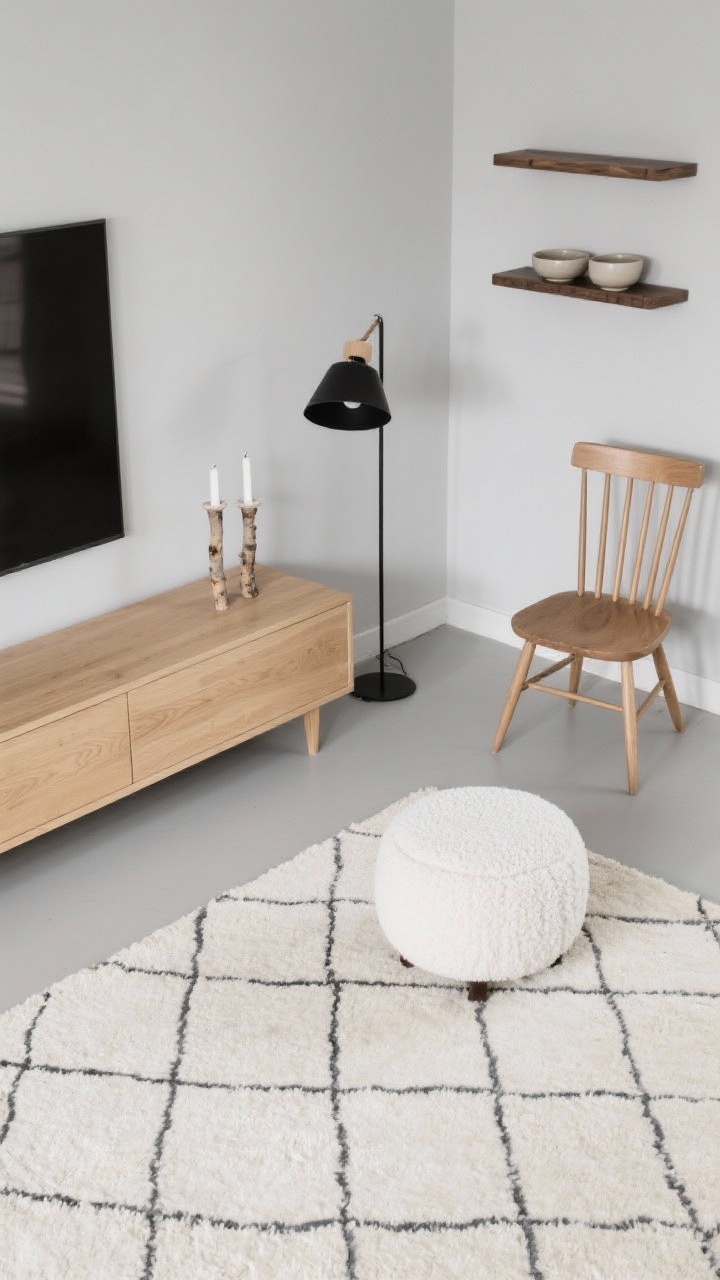 Overhead detail shot: Scandinavian composition with ultra-light fog gray wall glimpsed at top edge, cream rug featuring a subtle graphite grid pattern beneath a blond ash media console edge and a white bouclé ottoman corner. Include a spindle-back chair leg, matte black reading lamp head partially in frame, birch candleholders, and minimalist ceramic bowls on a wall-mounted shelf casting light shadows. Clean, modern, photorealistic.