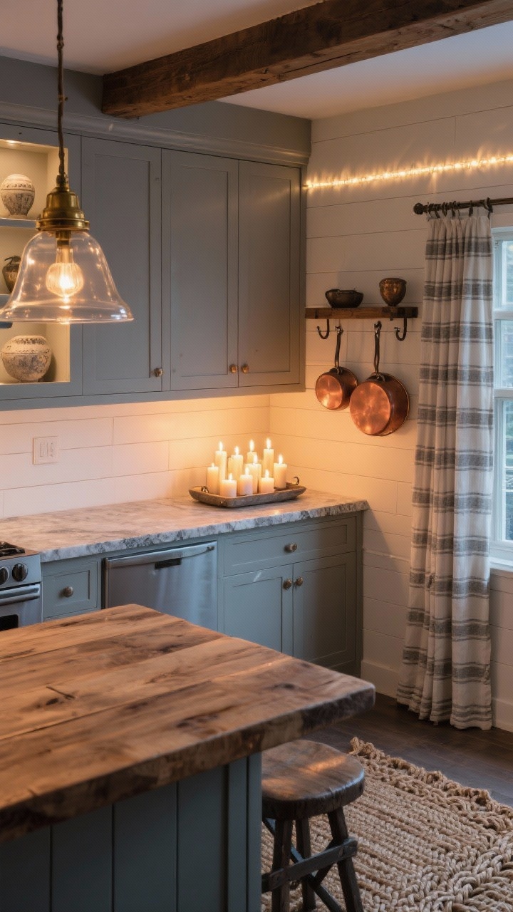 Overhead/three-quarter top-down detail of a modern farmhouse vignette at dusk: creamy shiplap wall section with greige shaker cabinet uppers that are interior-lit to showcase heirloom pieces, soapstone-look countertop below. A cluster of flicker-effect LED candles on a tray near the backsplash provides ambient warmth. Visible edge of rustic butcher-block island top with a cross-back stool, copper pots hanging from a rack nearby. Bell-shaped glass pendant with antique-brass fitting in frame; warm LED strip along an exposed beam casting a gentle architectural highlight. Striped cotton curtain edge and braided jute rug texture included. Cozy, candlelit ambiance, photorealistic.