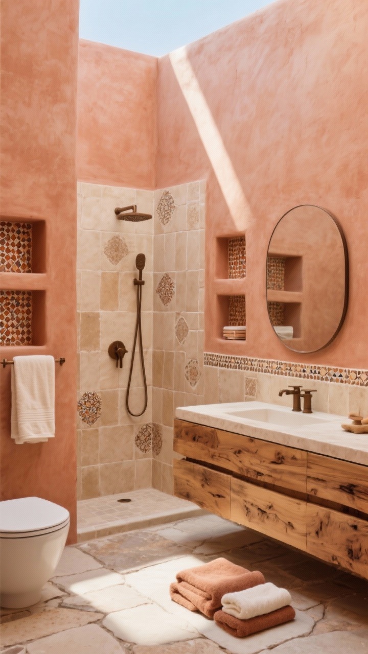 10 Stunning Small Bathroom Color Ideas That Make a Big Impact Góc chụp siêu thực của một phòng tắm hiện đại theo phong cách sa mạc: tường sơn màu đất nung trầm, vòi sen ốp gạch zellige màu cát với họa tiết thủ công tinh xảo, và các hốc tường được ốp gạch mosaic đất nung siêu nhỏ. Bàn trang điểm bằng gỗ tự nhiên với mặt bàn hình phiến, đồ đạc bằng đồng thau đánh bóng dầu, và gương hình chữ nhật bo tròn. Sàn sứ vân đá vôi, khăn tắm cotton màu đất sét và kem; ánh sáng ấm áp, tràn ngập ánh nắng.