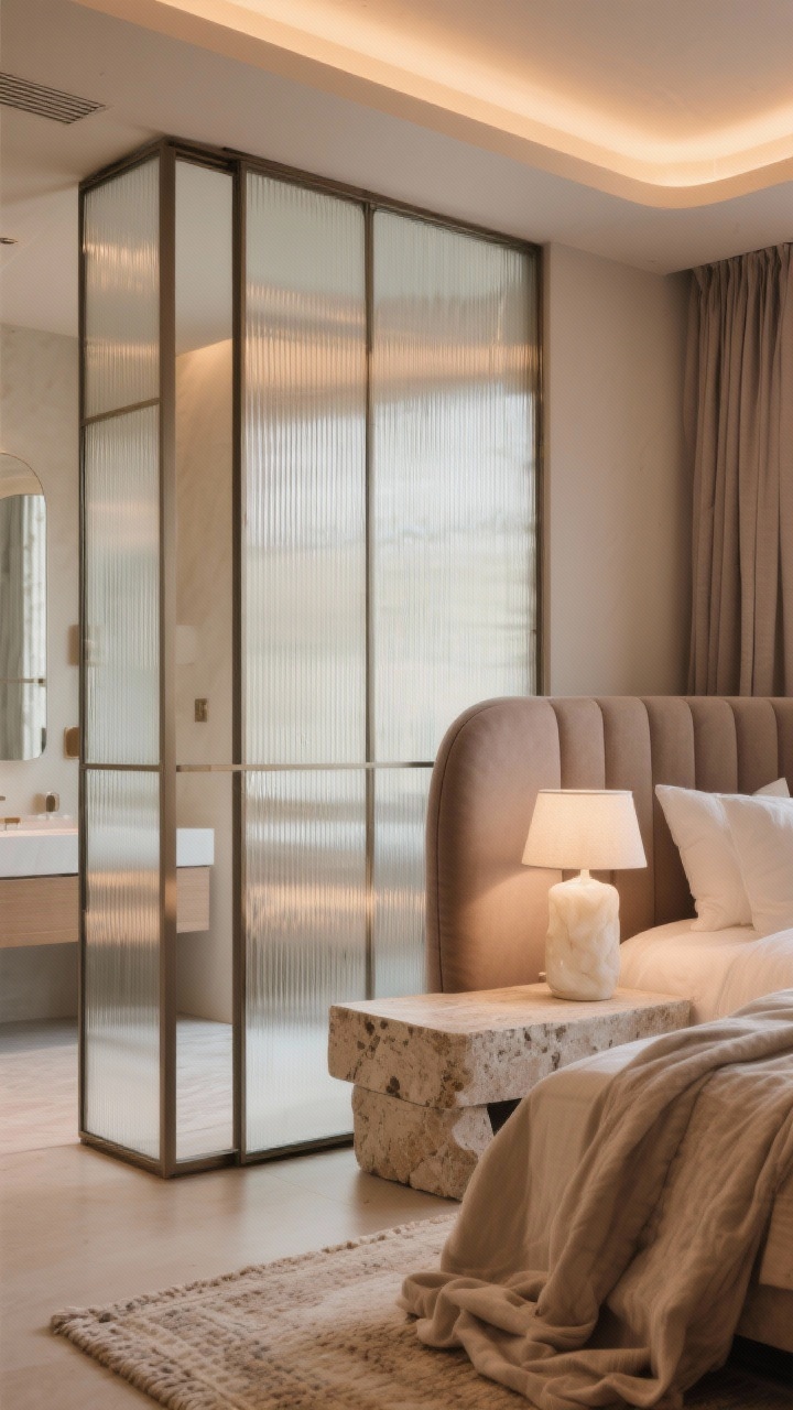 10 Open Space Bedroom Design Ideas Using Glass to Make Any Room Brighter and Larger Chi tiết cận cảnh siêu thực của các tấm kính có gờ (gân) ngăn cách phòng ngủ với phòng tắm riêng, ánh sáng nhẹ nhàng xuyên qua lớp kính có kết cấu; tiền cảnh cho thấy mép đầu giường bọc nệm cong và bề mặt tủ đầu giường bằng đá có vân gỗ; vải lanh hữu cơ nhiều lớp, thảm thủ công màu nhạt và rèm cửa dày hơi cong; đèn LED hắt sáng ấm áp làm nổi bật bức tường, đèn bàn bằng đá alabaster được thắp sáng nhẹ nhàng; bảng màu nâu nhạt, yến mạch, be ấm, đất sét mềm; không gian spa yên tĩnh, thân mật, không có người