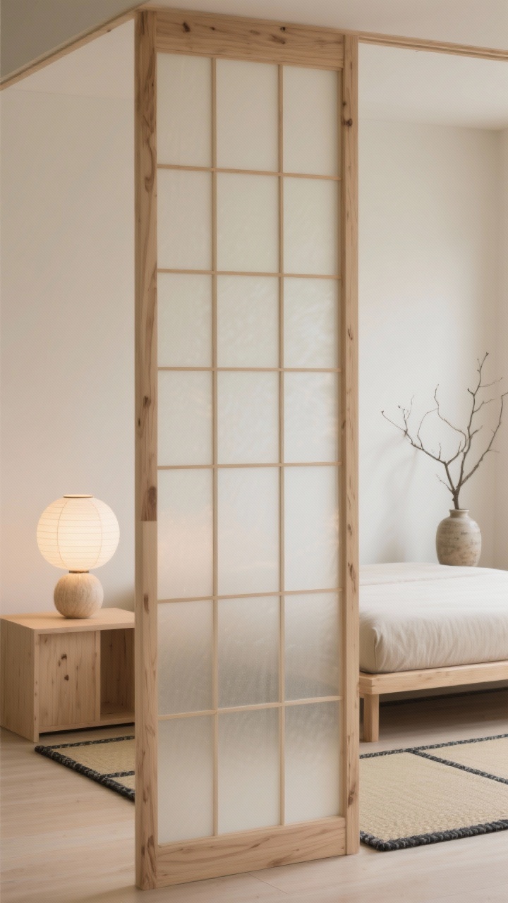 10 Open Space Bedroom Design Ideas Using Glass to Make Any Room Brighter and Larger Cận cảnh chi tiết chân thực của tấm bình phong kính phong cách shoji Nhật Bản với các lưới gỗ tự nhiên mỏng, ánh sáng nhẹ nhàng khuếch tán qua; ở phía sau, một chiếc giường thấp kiểu futon, bàn phụ bằng gỗ nhạt màu, có thể nhìn thấy họa tiết thảm kiểu tatami và một cành cây duy nhất trong bình gốm; đèn hình cầu bằng giấy gạo tỏa ra ánh sáng ấm áp, đều; bảng màu bạch dương, kem, mộc với điểm nhấn than tinh tế; độ sâu trường ảnh nông để nhấn mạnh vân gỗ của bình phong và chủ nghĩa tối giản yên bình, không có người