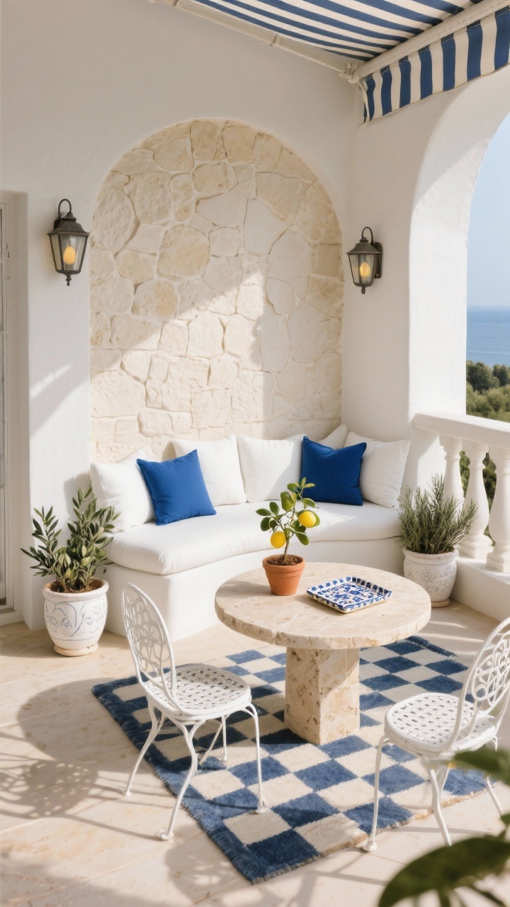 Ideas to Turn Your Balcony Into a Second Living Room in a Modern Style Photorealistic medium-detail shot of a Modern Mediterranean balcony corner in daylight: cream textured wall or stone-look panel backdrop, a curved loveseat with cushy white cushions, cobalt blue accent pillows, and a round travertine-look table. Whitewashed ceramic planters with olive and rosemary flank the scene; arched lanterns and a striped awning edge casting soft shade. A checkerboard outdoor rug beneath, with two white metal bistro chairs partially in frame. Add a terracotta pot with a small lemon tree and a small patterned tile tray on the table. Colors: cream, white, cobalt blue, sun-baked beige. Straight-on, slightly elevated angle.