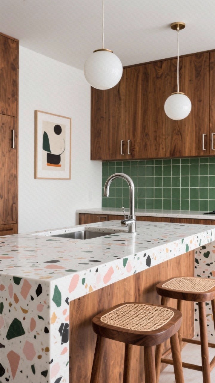 Top 10 Trendy Kitchen Countertop Designs to Instantly Upgrade Your Kitchen Cảnh báo quay trung bình siêu thực viết lại hình ảnh mặt bàn đá mài terrazzo đậm với những mảnh vụn thô trên nền ngà (có thể nhìn thấy rõ các mảnh màu hồng phấn, hơn gỗ và cây bụi thơm); tủ bếp bằng gỗ sừng chó ấm áp bên dưới với tay cầm bằng thép không gỉ chải tối đơn giản; tấm ốp tường gạch xanh lá cây thơm mờ theo dạng lưới gọn gàng; vòi nước cổ bằng thép không gỉ bóng bẫy; đèn thảnh thơi cầu opal trên cao tỏa ra ánh sáng nhẹ nhàng dịu dàng theo phong cách giữa thế kỷ; Yên gỗ chó sói thấp ngồi bằng tinh dầu được giảm đau; một bức tranh vẽ tượng đóng khung đơn giản mũi nhọn đến bảng màu đá mài terrazzo trên tường; tâm trạng lạc quan, sinh động, hướng tới thiết kế; góc ba phần tư.