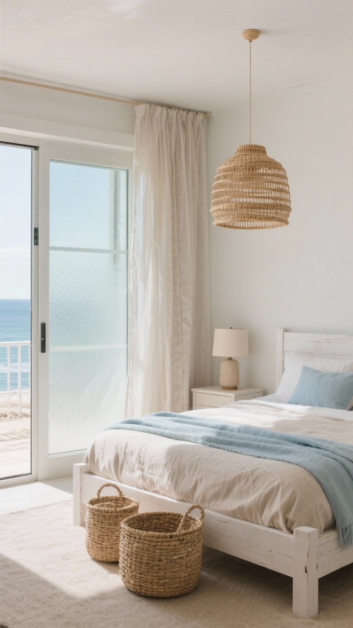 10 Open Space Bedroom Design Ideas Using Glass to Make Any Room Brighter and Larger Bức ảnh chụp trung bình siêu thực của một phòng ngủ ven biển với cửa trượt bằng kính mờ mở một phần ra ban công, ánh sáng ban ngày khuếch tán nhẹ nhàng; bảng màu trung tính màu cát với bộ đồ giường bằng vải lanh, giỏ đan, rèm mỏng nhẹ, khung giường bằng gỗ sơn trắng và tấm phủ màu xanh da trời nhạt; đèn treo bằng mây trên cao và đèn bàn mềm mại trên tủ đầu giường đơn giản; góc chụp cho thấy kết cấu mờ của cửa trượt và sự tĩnh lặng, thoáng đãng của bãi biển, không có người