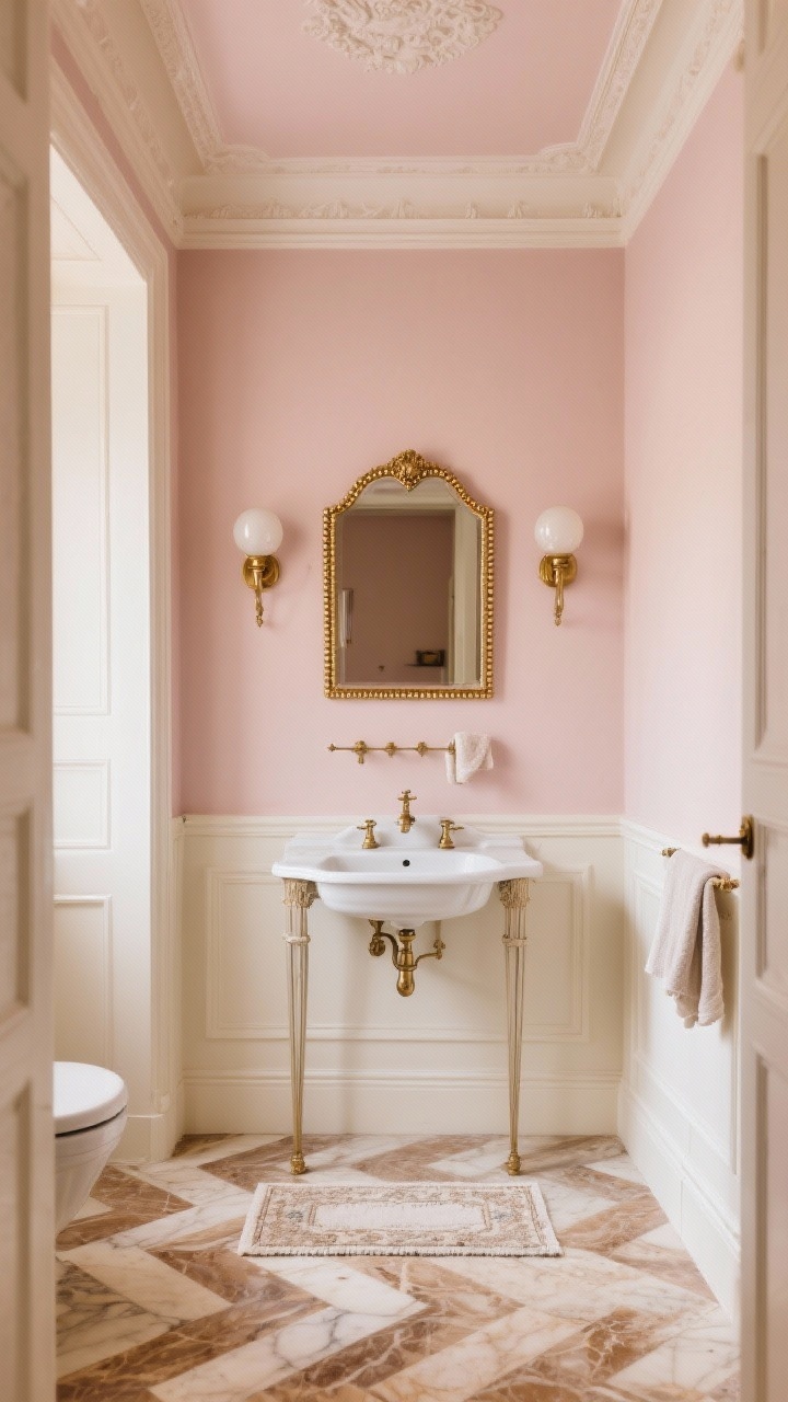 10 Stunning Small Bathroom Color Ideas That Make a Big Impact Cảnh quay cận cảnh siêu thực của một phòng vệ sinh kiểu Paris: tường màu hồng phấn bụi bặm với viền trắng kem, bồn rửa mặt dạng bàn đứng chân thanh mảnh và vòi nước gắn tường. Gương vàng cổ với chi tiết đính hạt ở giữa phía trên, đèn treo tường hình quả cầu nhỏ bằng đồng thau ấm áp ở hai bên. Sàn xương cá bằng đá cẩm thạch màu kem và nâu vàng, trần nhà sơn màu hồng phấn phản chiếu trong gương, khăn tay vải lanh và một tấm thảm nhỏ kiểu cổ điển; ánh sáng dịu nhẹ lãng mạn.
