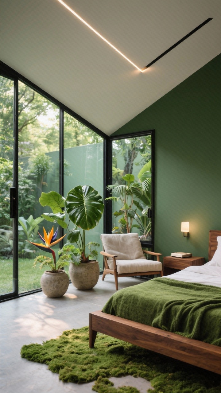 10 Open Space Bedroom Design Ideas Using Glass to Make Any Room Brighter and Larger Bức ảnh trung bình siêu thực về phòng ngủ nghỉ dưỡng trong vườn trong nhà với góc kính có hai bức tường trong suốt liền kề đón ánh nắng mặt trời và quang cảnh ngoài trời; đồ nội thất tối giản với khung giường gỗ óc chó, tấm phủ màu xanh rêu, chậu trồng cây bằng đá chứa cây sung lá vĩ cầm và chim thiên đường; góc đọc sách nhỏ với ghế dài bằng vải lanh; đèn chiếu sáng từ dưới lên chiếu sáng cây và dải đèn LED mỏng dọc theo mép trần nhà; bảng màu xanh lá cây rừng, gỗ óc chó, vải lanh tự nhiên và đen mờ; góc chụp từ góc kính để làm nổi bật cây xanh làm điểm nhấn, không có người