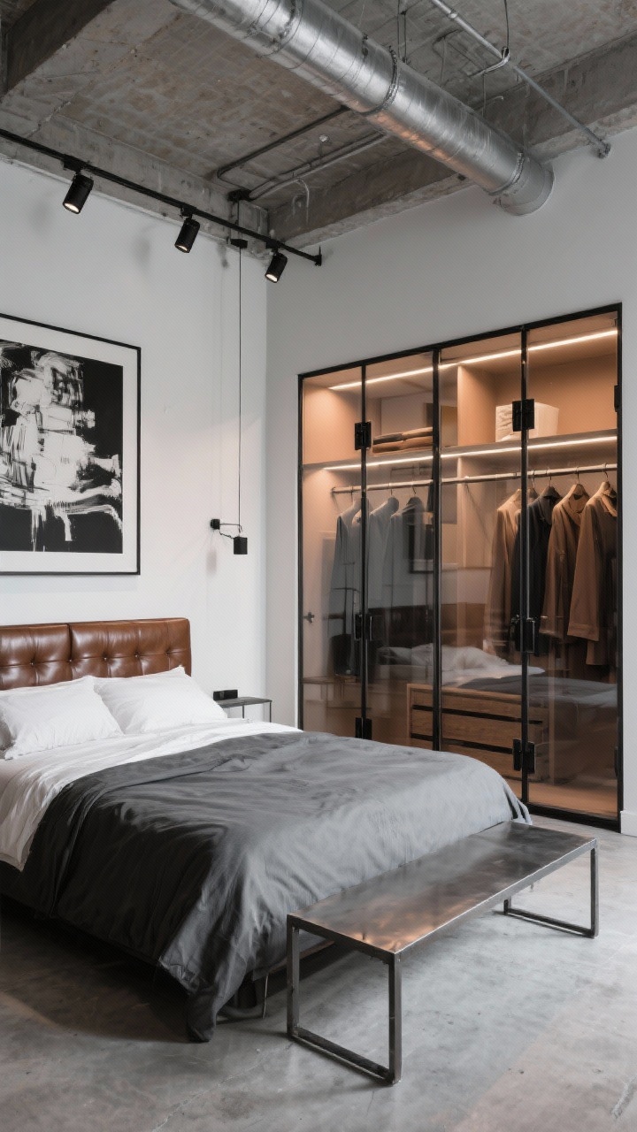 10 Open Space Bedroom Design Ideas Using Glass to Make Any Room Brighter and Larger Bức ảnh trung bình siêu thực về phòng ngủ theo phong cách công nghiệp/phòng trưng bày nghệ thuật với tủ quần áo trong suốt có vách kính, phần cứng màu đen, tủ quần áo phối màu được tuyển chọn bên trong được chiếu sáng bằng đèn rọi; đầu giường bọc da đối diện với bức tường nghệ thuật đơn sắc được chiếu sáng bằng đèn rọi kiểu phòng trưng bày; băng ghế thép chắc chắn ở chân giường, bảng màu xám bê tông và đen-trắng-cognac; góc nghiêng nhẹ để bắt được độ trong suốt của tủ quần áo và trưng bày nghệ thuật, không có người