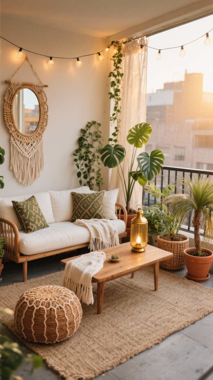 Ideas to Turn Your Balcony Into a Second Living Room in a Modern Style Photorealistic medium shot of an Urban Boho balcony hangout during golden hour: a neutral jute rug under a low mango-wood coffee table, an outdoor loveseat with rounded arms and creamy white cushions draped with a tasseled throw. Two woven poufs and a compact side table nearby. Layer printed mudcloth-pattern cushions, lightweight gauzy curtains at the railing, and a cluster of potted plants (monstera, trailing pothos, dwarf palm) in terracotta and rattan planters with brushed brass accents. Warm string lights swagged overhead and a brass floor lantern glowing. Include a macramé wall hanging or a slim rattan wall mirror to bounce light. Colors: sand, terracotta, olive green, brass, creamy white. Corner-angle perspective.