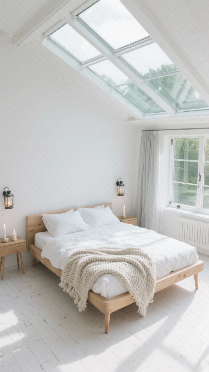 10 Open Space Bedroom Design Ideas Using Glass to Make Any Room Brighter and Larger Bức ảnh chụp từ trên cao siêu thực của phòng ngủ có phòng tắm nắng theo phong cách Scandinavia với các tấm trần kính cường lực/cửa sổ trời chiếu ánh sáng ban ngày xuống sàn nhà sơn trắng; giường gỗ sồi nhạt có chân thon, bộ đồ giường màu trắng tinh, chăn đan dày, rèm cửa sổ nhẹ nhàng; đèn treo tường tối giản và đèn lồng kiểu nến tạo nên bầu không khí hygge; bảng màu trắng, gỗ sồi nhạt, xám nhạt, xanh lá cây nhạt; góc nhìn từ trên xuống nhấn mạnh sự sáng sủa và thoáng đãng, không có người