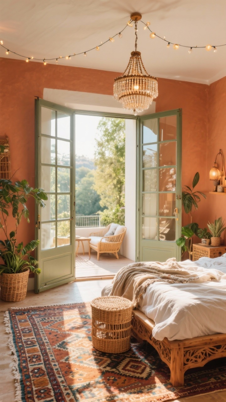 10 Open Space Bedroom Design Ideas Using Glass to Make Any Room Brighter and Larger Bức ảnh toàn cảnh chân thực về một phòng ngủ theo phong cách boho được mở bằng cửa kính kiểu Pháp cổ điển với nhiều ô kính dẫn đến một khu vực ngồi nhỏ tràn ngập ánh nắng; ánh sáng mặt trời chiếu xuống thảm kilim có hoa văn, giường gỗ chạm khắc với vải lanh nhiều lớp và bộ đồ giường bằng cotton, điểm nhấn bằng mây, cây xanh rải rác; đèn chùm đính hạt trên cao và đèn dây tinh tế tạo nên ánh sáng buổi tối; bảng màu đất nung, ngà, ô liu và gỗ mật ong; góc nhìn thẳng nắm bắt sự ấm áp vui vẻ, đầy cá tính, không có người