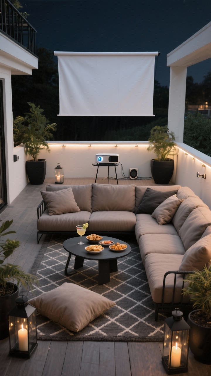 Ideas to Turn Your Balcony Into a Second Living Room in a Modern Style Photorealistic wide shot of a chic outdoor cinema balcony at night: deep-cushion sectional in taupe/slate facing an outdoor screen or retractable white shade, oversized floor pillows on a diamond-pattern outdoor rug. A C-shaped side table slides under seating with snacks and spritzes. Matte black planters and smoked glass lanterns with battery-powered candles provide low, indirect light; rail-mounted LEDs add a soft perimeter glow. Include compact projector on a small stand, Bluetooth speaker, and hidden cable clips. Colors: taupe, slate, black, soft white. Perspective from behind the sectional toward the screen.