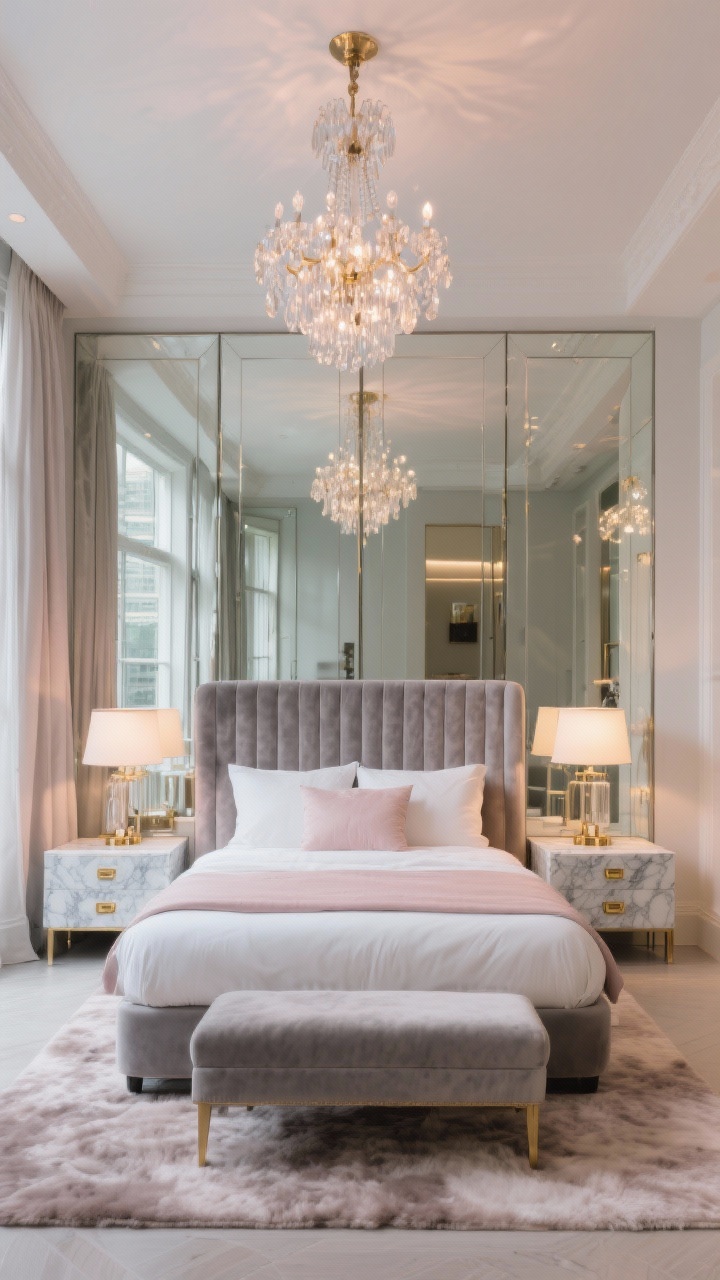 10 Open Space Bedroom Design Ideas Using Glass to Make Any Room Brighter and Larger Bức ảnh toàn cảnh chân thực về một phòng ngủ quyến rũ với cửa tủ quần áo gương cao từ trần đến sàn đối diện với cửa sổ lớn, ánh sáng phản chiếu mạnh mẽ; bức tường đầu giường bằng kính màu khói phía sau giường bọc nhung, tủ đầu giường mặt đá cẩm thạch có tay nắm bằng đồng thau, thảm sang trọng; bảng màu hồng nhạt, ngà, xám khói và đồng thau cổ; đèn chùm pha lê/thủy tinh trên cao với đèn ngủ có thể điều chỉnh độ sáng rực rỡ; góc nhìn thẳng làm nổi bật sự phản chiếu và bầu không khí sang trọng như khách sạn, không có người