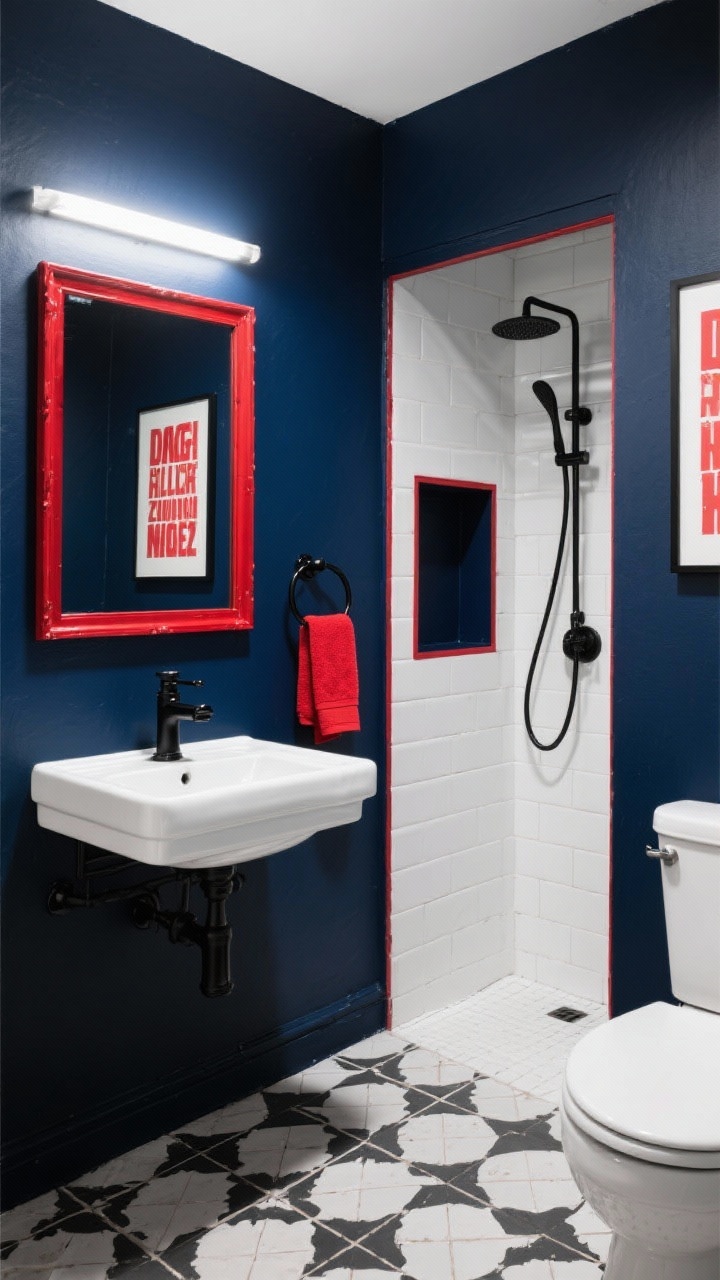 10 Stunning Small Bathroom Color Ideas That Make a Big Impact Ảnh chụp toàn cảnh chân thực của một phòng tắm pop-up đồ họa: tường sơn xanh navy đậm, bàn trang điểm và bồn cầu trắng sáng tạo độ tương phản cao, đồ đạc màu đen. Gạch lát sàn hình học đen trắng, vòi sen ốp gạch trắng với hốc tường xanh navy được viền bởi đường viền mỏng màu đỏ hình xe cứu hỏa. Điểm nhấn màu đỏ đậm: gương khung kim loại đỏ và móc treo khăn đỏ; tranh nghệ thuật tối giản với kiểu chữ đỏ; ánh sáng mạnh mẽ, ấn tượng.