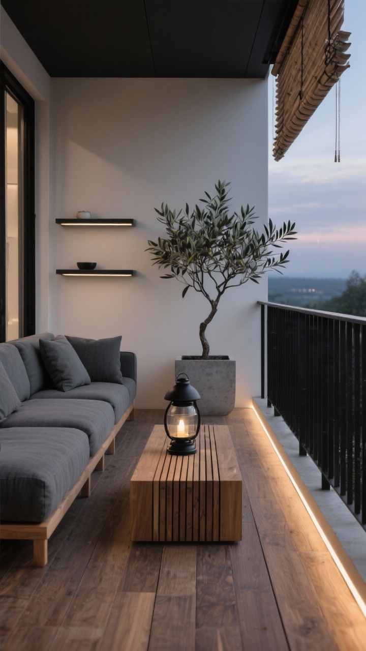 Ideas to Turn Your Balcony Into a Second Living Room in a Modern Style Photorealistic wide shot of a Minimal Zen balcony lounge at dusk: matte black railings, warm wood decking, a low-profile modular charcoal sofa with soft stone-gray linen cushions, a narrow slatted teak coffee table, and a faux-concrete planter with a sculptural olive tree providing height. Include a black ceramic lantern on the table, slimline wall-mounted shelves with minimal objects, and a linear LED strip glowing softly along the baseboard. Add a roll-up bamboo shade partially lowered, filtering light and sharpening clean lines. Color palette: charcoal, warm wood, soft gray, matte black. Mood: ultra-modern calm, minimal but cozy. Straight-on perspective.