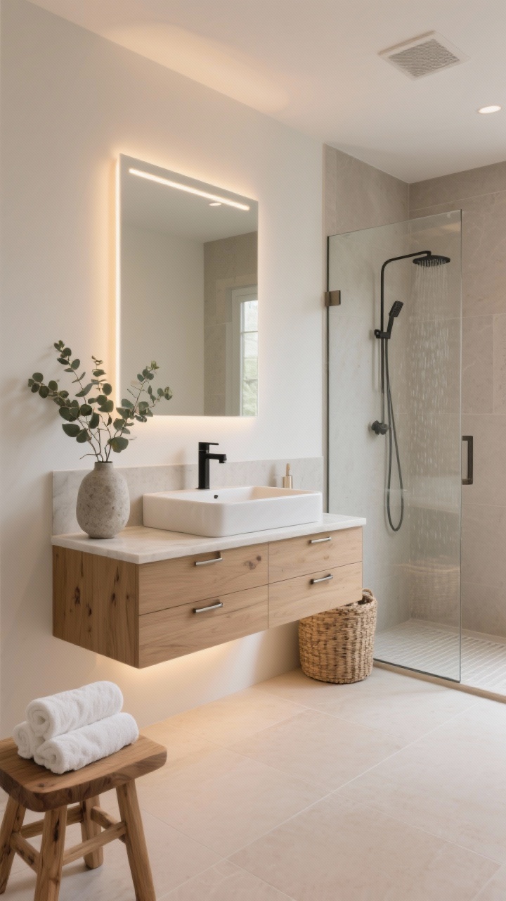 Photorealistic wide shot of a Modern Spa Retreat bathroom in warm whites, soft taupe, and pale gray; wall-mounted oak floating vanity with integrated pulls and creamy quartz top; rectangular vessel sink with matte black wall-mount faucet; oversized sand-colored porcelain floor tiles with minimal grout; frameless glass shower with linear drain and ceiling-mounted rain shower head; slim LED mirror with warm-dim backlight and hidden toe-kick lights under the vanity; brushed nickel hardware; cedar bath stool, rolled white towels, eucalyptus in a stone vase; woven hamper; serene, spa-like mood, soft diffused lighting, straight-on view.