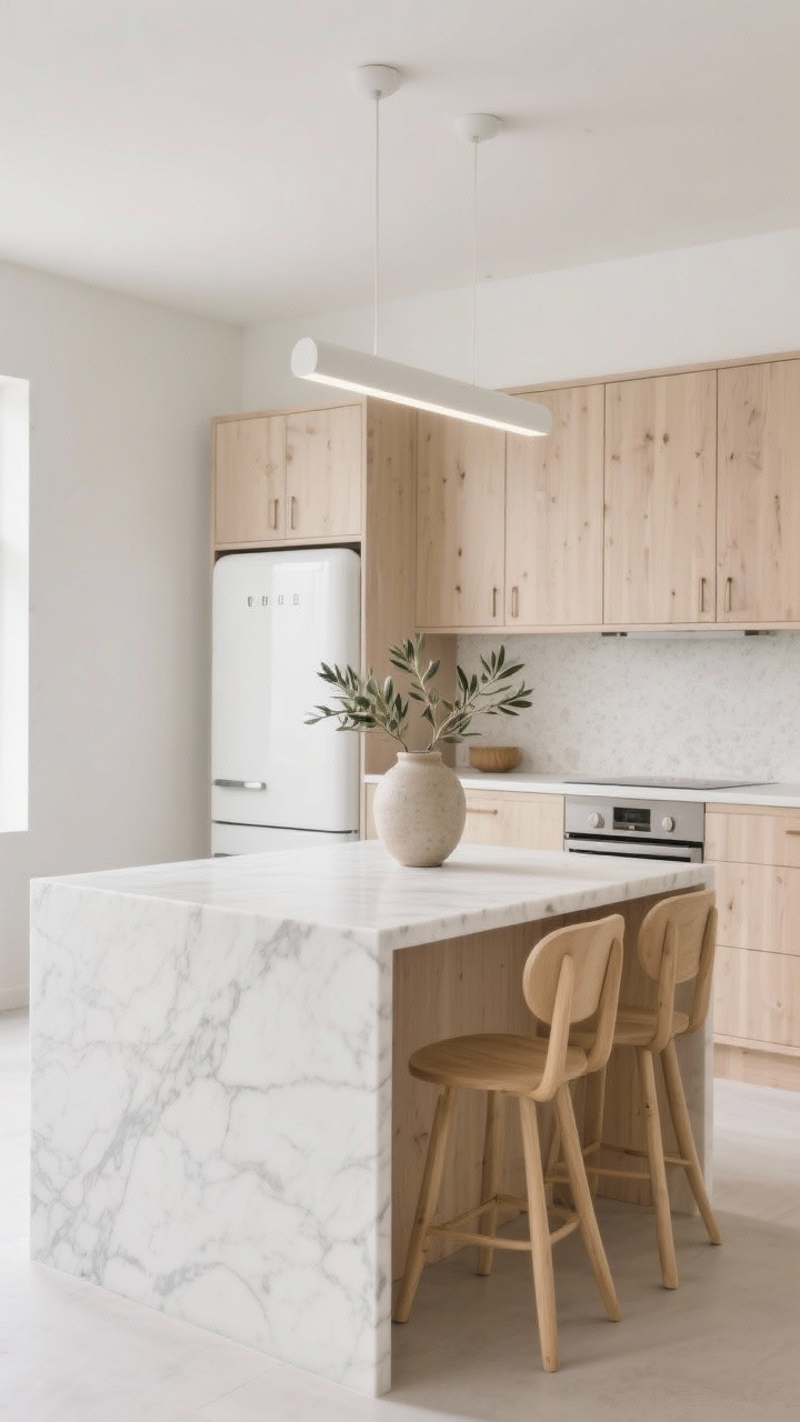 Top 10 Trendy Kitchen Countertop Designs to Instantly Upgrade Your Kitchen Bức ảnh toàn cảnh chân thực về một căn bếp thanh bình theo phong cách Scandinavia với đảo bếp thạch anh hình thác nước màu trắng nhạt có đường vân xám nhạt; tủ bếp gỗ sáng màu có mùi tích hợp; tủ lạnh gỗ hòa hợp với tủ bếp; tấm ốp tường xi măng siêu nhỏ màu trung tính nhạt hòa vào tông màu tường; đèn thả lỏng LED màu trắng mờ trên đảo bếp; Yên gỗ màu vàng nhạt có giảm cong; bình hoa đá đơn với cành ô liu đặt ở giữa bếp; ánh sáng ban ngày rực rỡ nhẹ nhàng, bóng tối tối thiểu; không gian quán cà phê-cửa hàng tĩnh, thoáng mát, gọn gàng; bố cục lợi ích với nhiều không có âm lượng.