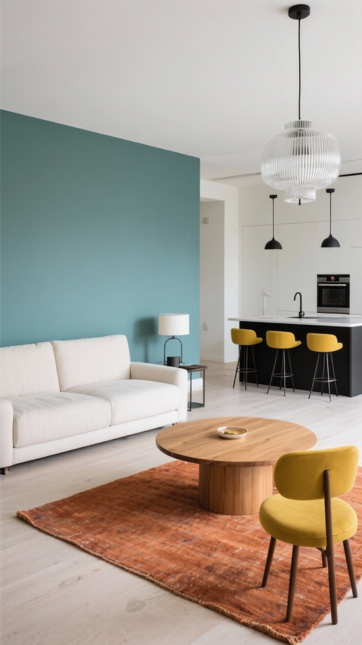 Wide color-blocked gallery perspective linking living, dining, and kitchen: dusty teal wall behind a boxy ivory sofa in the lounge; terracotta rug under a round oak dining table; butter yellow bar stools at the kitchen island; ribbed glass pendants above dining and island; black metal accents repeated on chair legs, frames, and lamp bases unify zones; crisp daylight, clean-lined furniture, palette teal/terracotta/butter/ivory/black; subtle paint blocks aligned with furniture footprints; photorealistic.