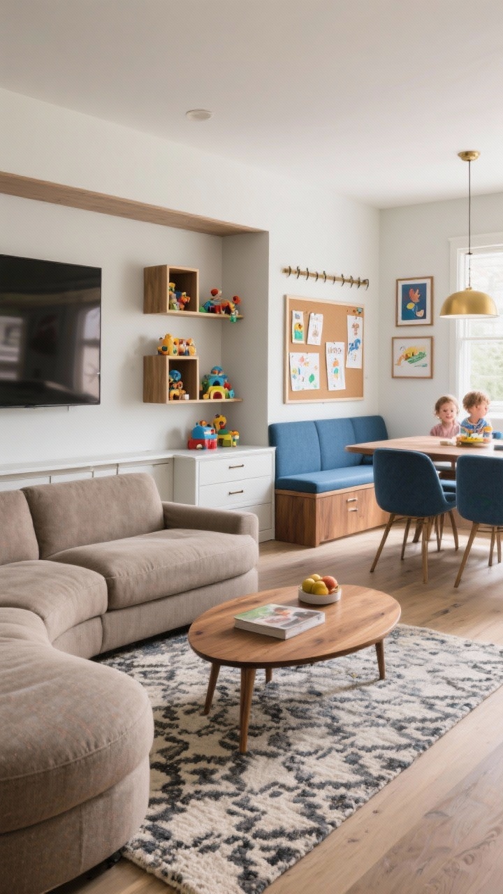 Wide family-friendly open plan, straight-on: taupe performance fabric sectional with rounded edges, paired with a rounded-edge oak coffee table and a washable patterned rug; integrated media wall with toy cubbies on the living side and back-to-back storage forming a banquette dining with drawers on the opposite side; pinboard art rails in the dining zone displaying kids’ projects neatly; palette taupe, denim blue, warm walnut, brass; soft practical lighting, durable finishes, photorealistic.